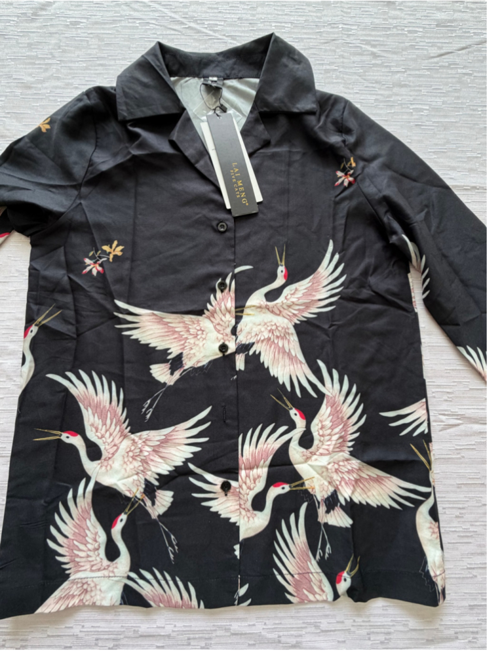 NWT Lai Meng Five Cats Crane Print Black Blouse Size S - Picture 4 of 10